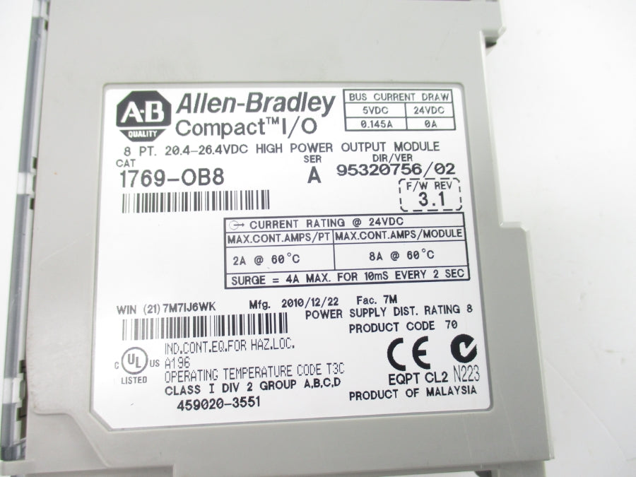INDUSTRIAL SPARE PART 1769-OB8 SER. A F/W 3.1 20.4-26.4VDC NSNP