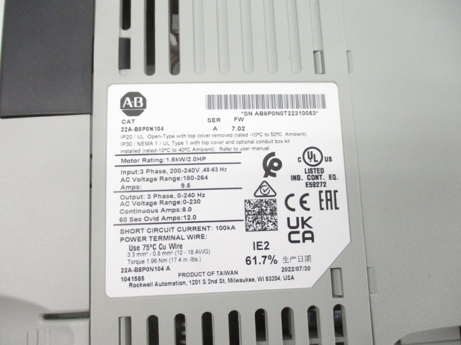 INDUSTRIAL SPARE PART 22A-B8P0N104 SER. A F/W 7.02 180-264VAC 9.5A NSNP