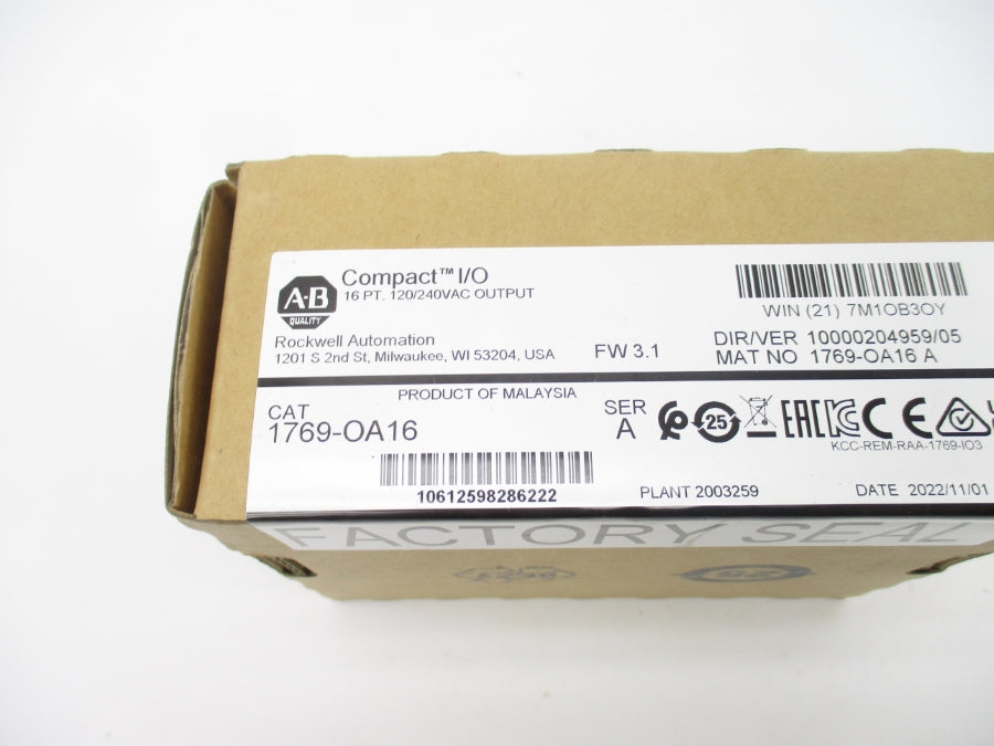 INDUSTRIAL SPARE PART 1769-OA16 SER. A F/W 3.1 120/240VAC DATE: 2022 NSFS