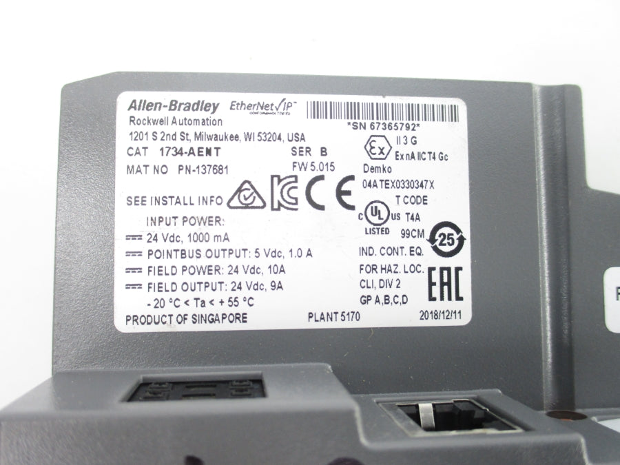 INDUSTRIAL SPARE PART 1734-AENT SER. B F/W 5.015 24VDC 10A (AS PICTURED) NSNP