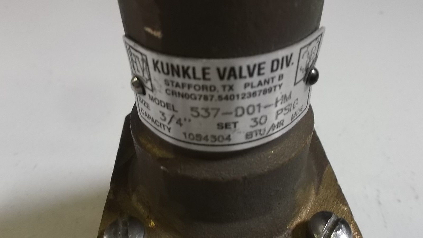 KUNKLE VALVE DIV. SAFTY RELIEF VALVE  537-D01-HM UNMP