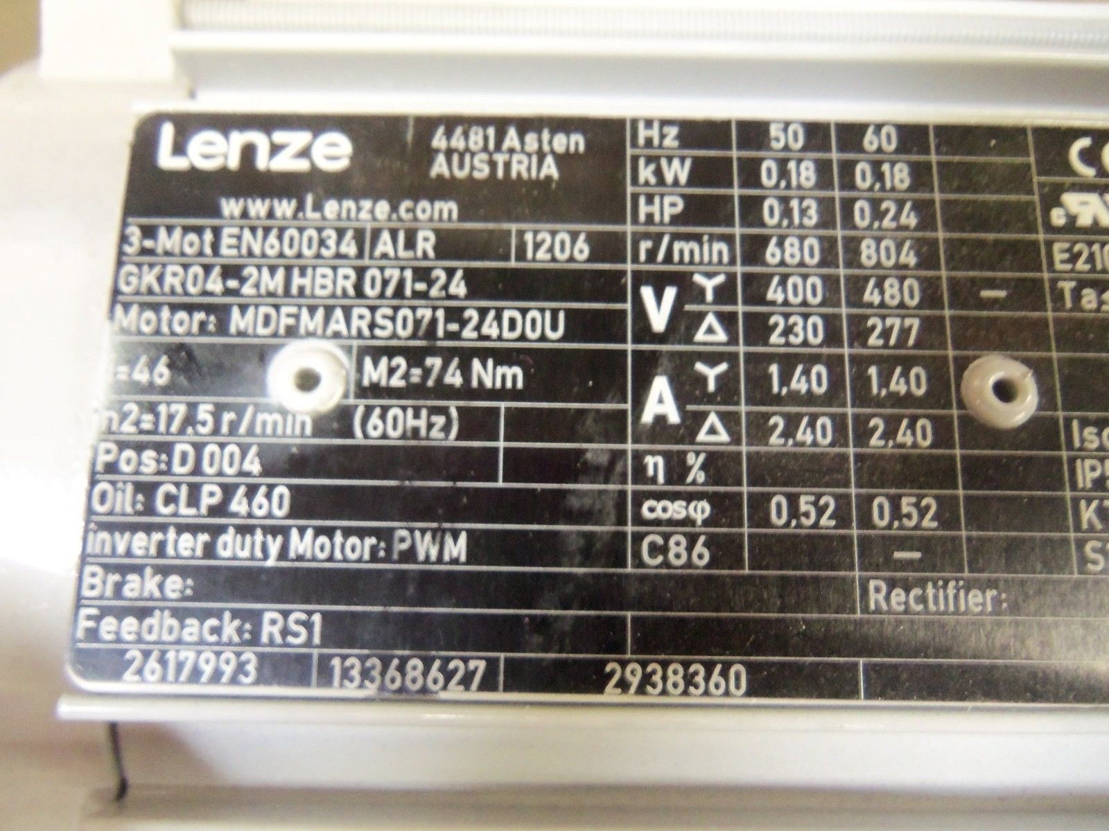 LENZE GKR04-2MHBR071-24 MOTOR NSNP