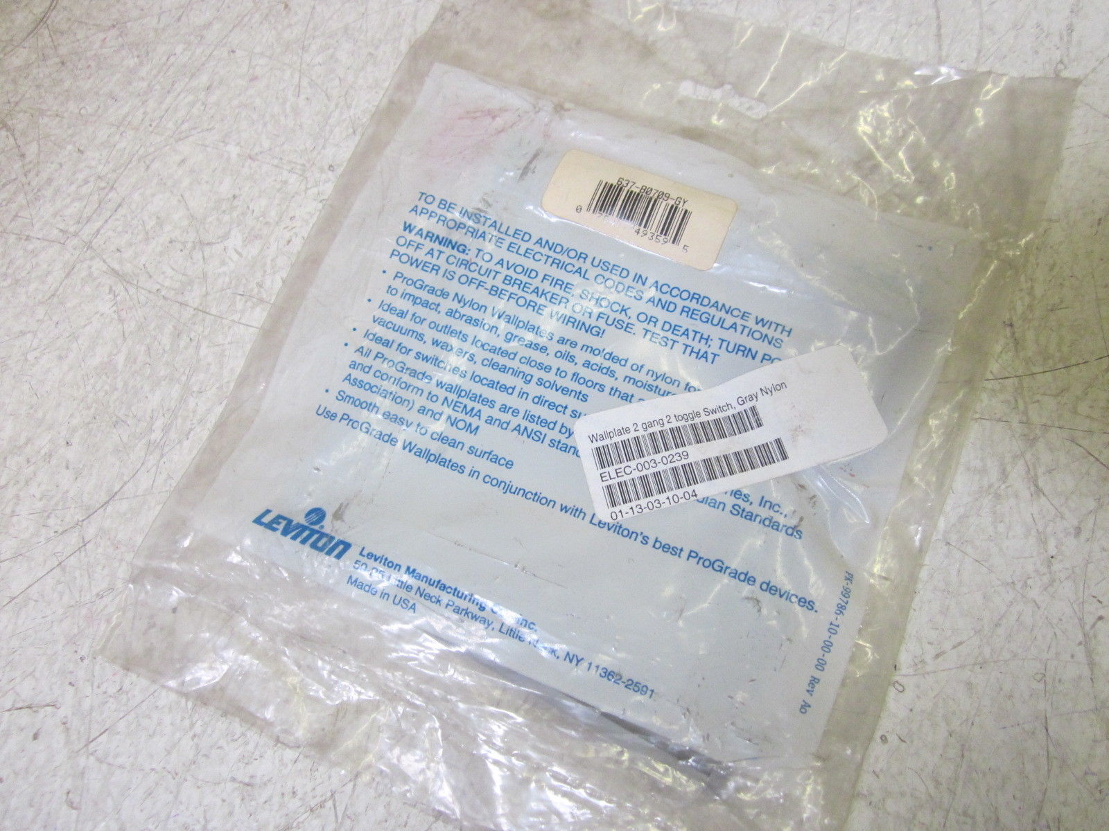 LEVITON 637-80709-GY HIGH ABUSE NYLON WALLPLATE NSMP