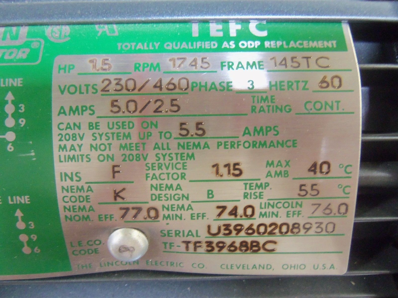 LINCOLN TF3968BC MOTOR NSMP