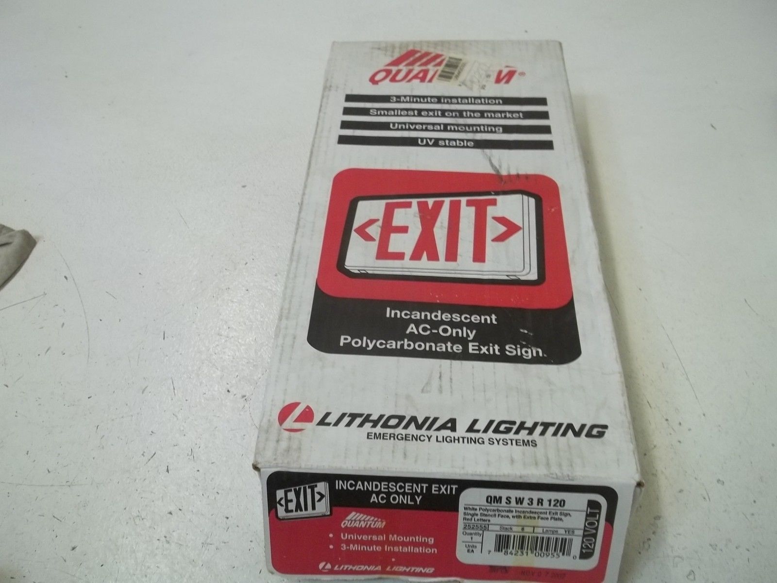 LITHONIA LIGHTING QM S W 3 R 120 INCA INCANDESCENT EXIT SIGN *NEW IN BOX*
