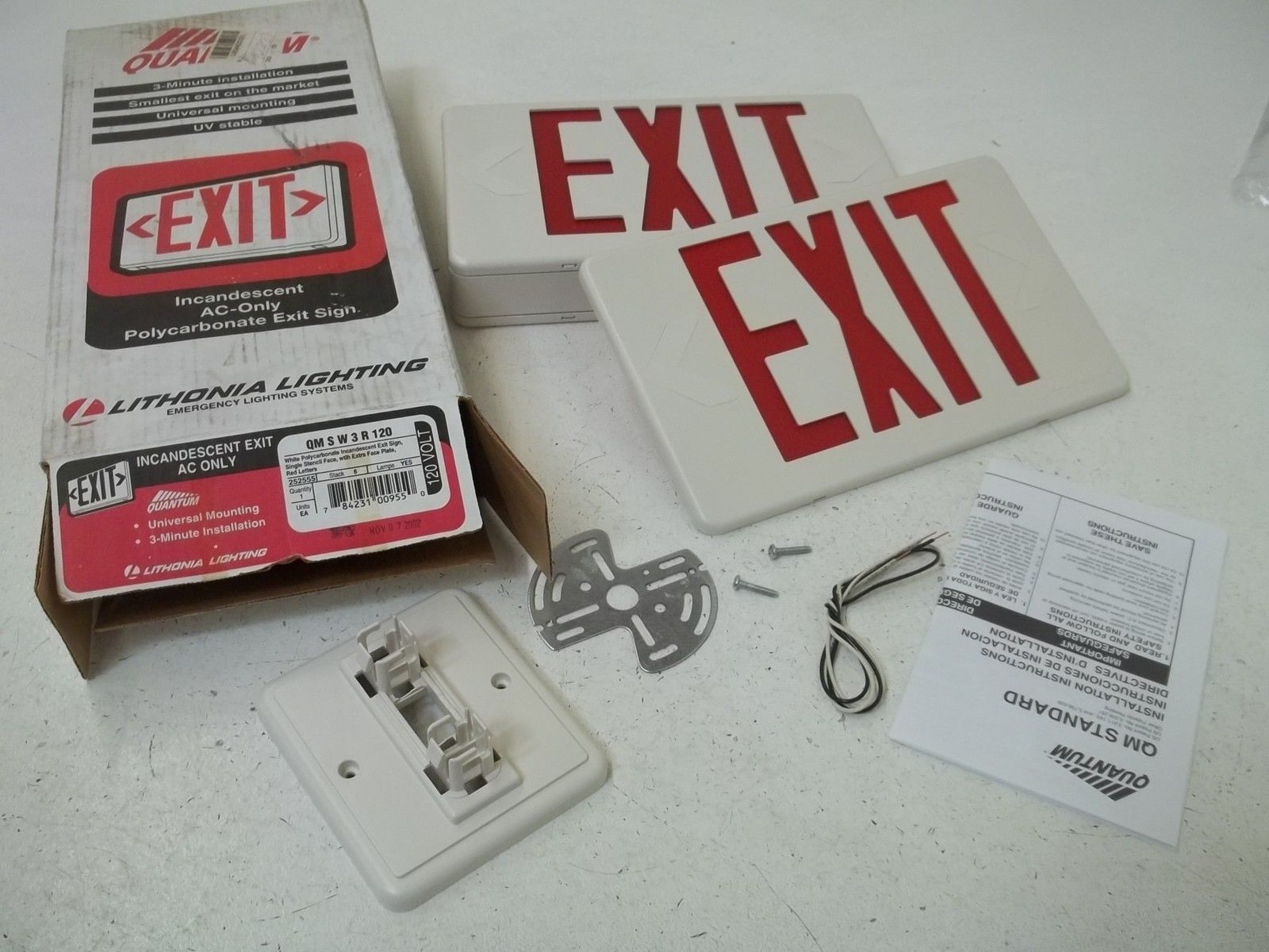 LITHONIA LIGHTING QM S W 3 R 120 INCA INCANDESCENT EXIT SIGN *NEW IN BOX*