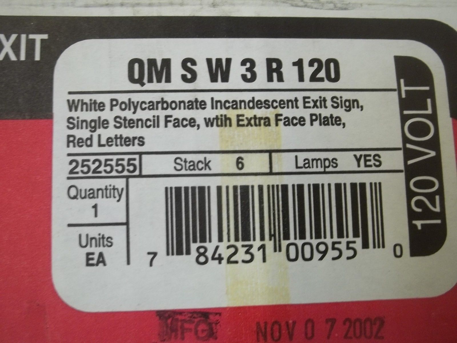 LITHONIA LIGHTING QM S W 3 R 120 INCA INCANDESCENT EXIT SIGN *NEW IN BOX*