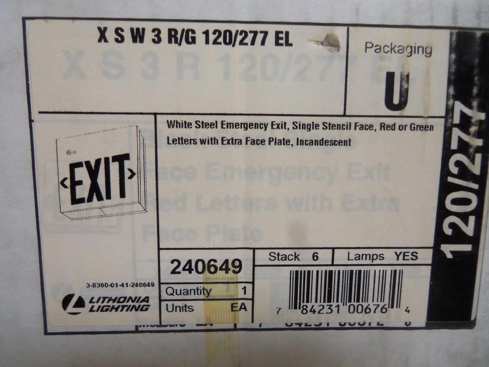 LITHONIA XSW3R/G120/277EL EXIT SIGN *NEW IN BOX*