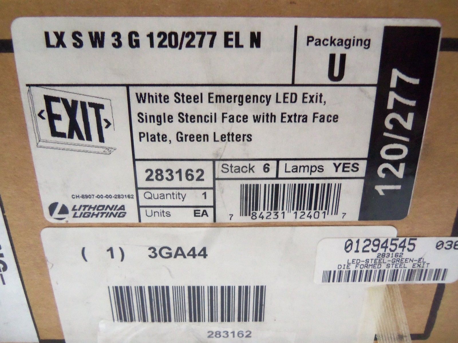 LITHONIA LIGHTING LX S W 3 G 120/277 ELN EXIT SIGN *NEW IN BOX*