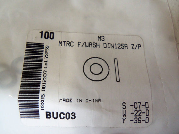 LOT OF 100 WASHER FLAT METRIC M3 BUC03 *NEW IN FACTORY BAG*