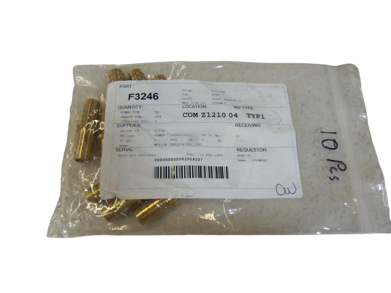 LOT OF 10 BRASS BARDED 1/2" FITTING HOSE DIXBM-4 NSNP