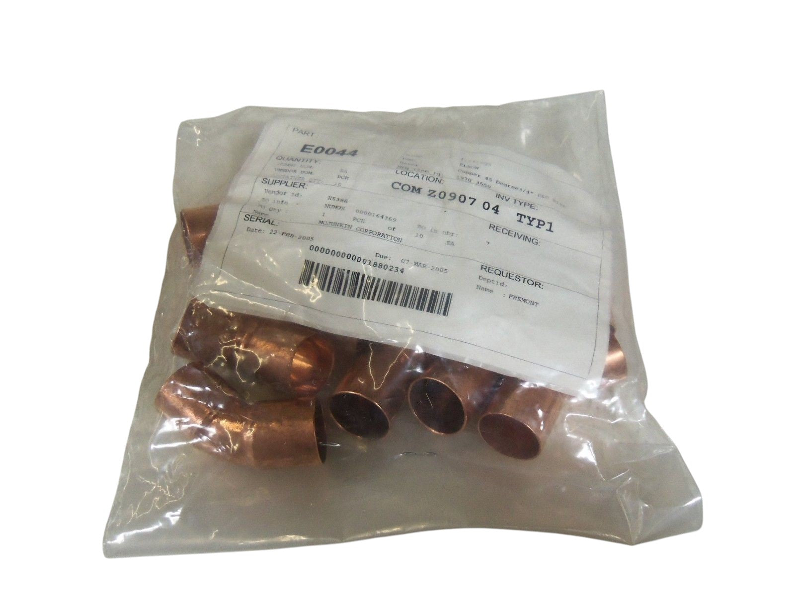 LOT OF 10 COPPER 45 DEGREE 3/4" ELBOW FITTINGS 1970-3550 NSNP