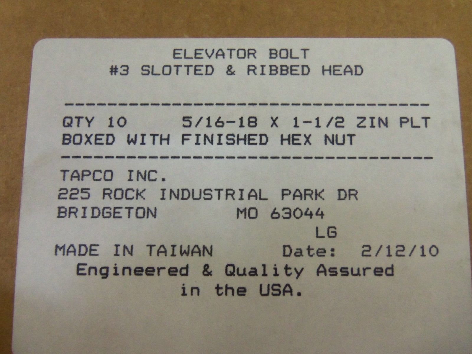 LOT OF 10 TAPCO 5/16-18 X 1-1/2 BOLTS NSMP
