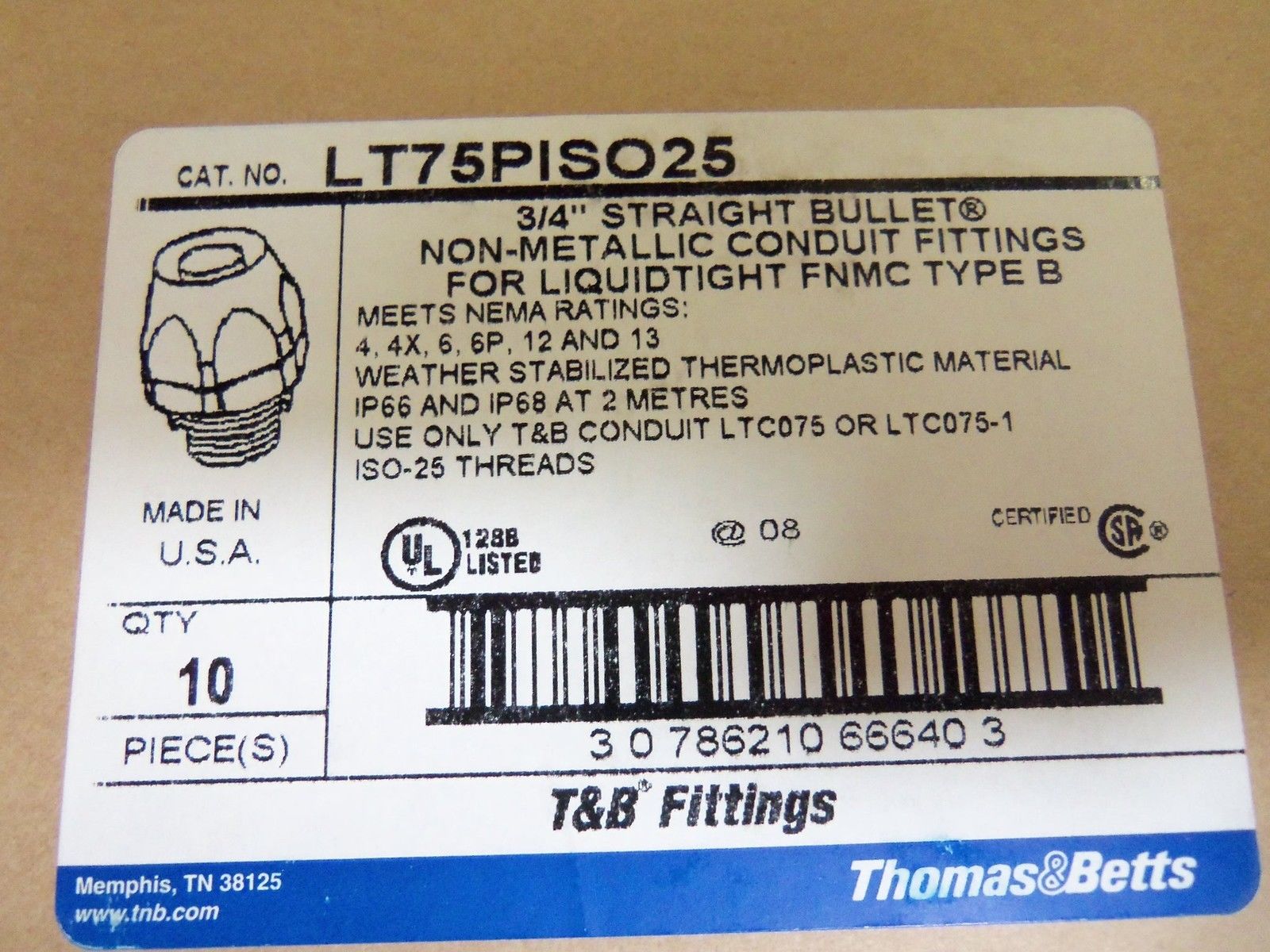 LOT OF 10 THOMAS & BETTS LT75PISO25 CONDUIT NSMP