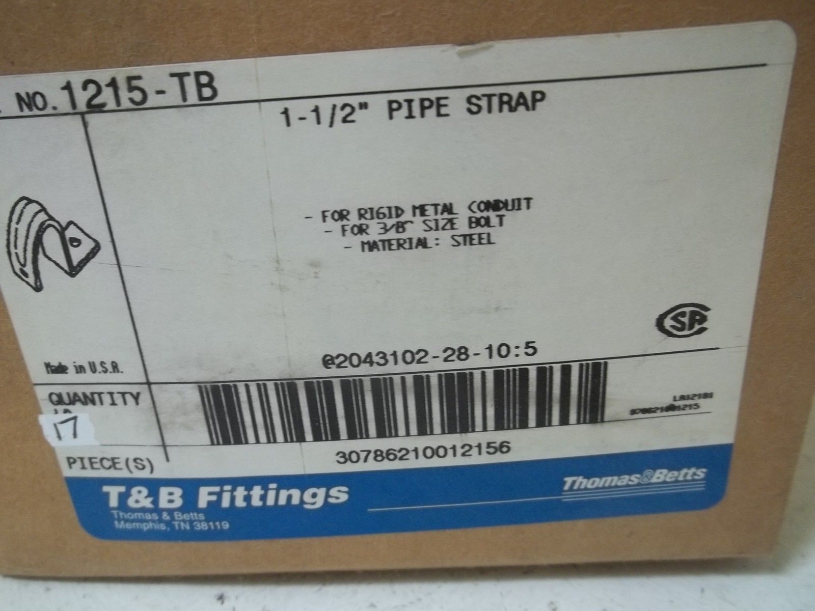 LOT OF 17 THOMAS & BETTS 1215-TB 1-1/2" PIPE STRAP NE W IN A BOX