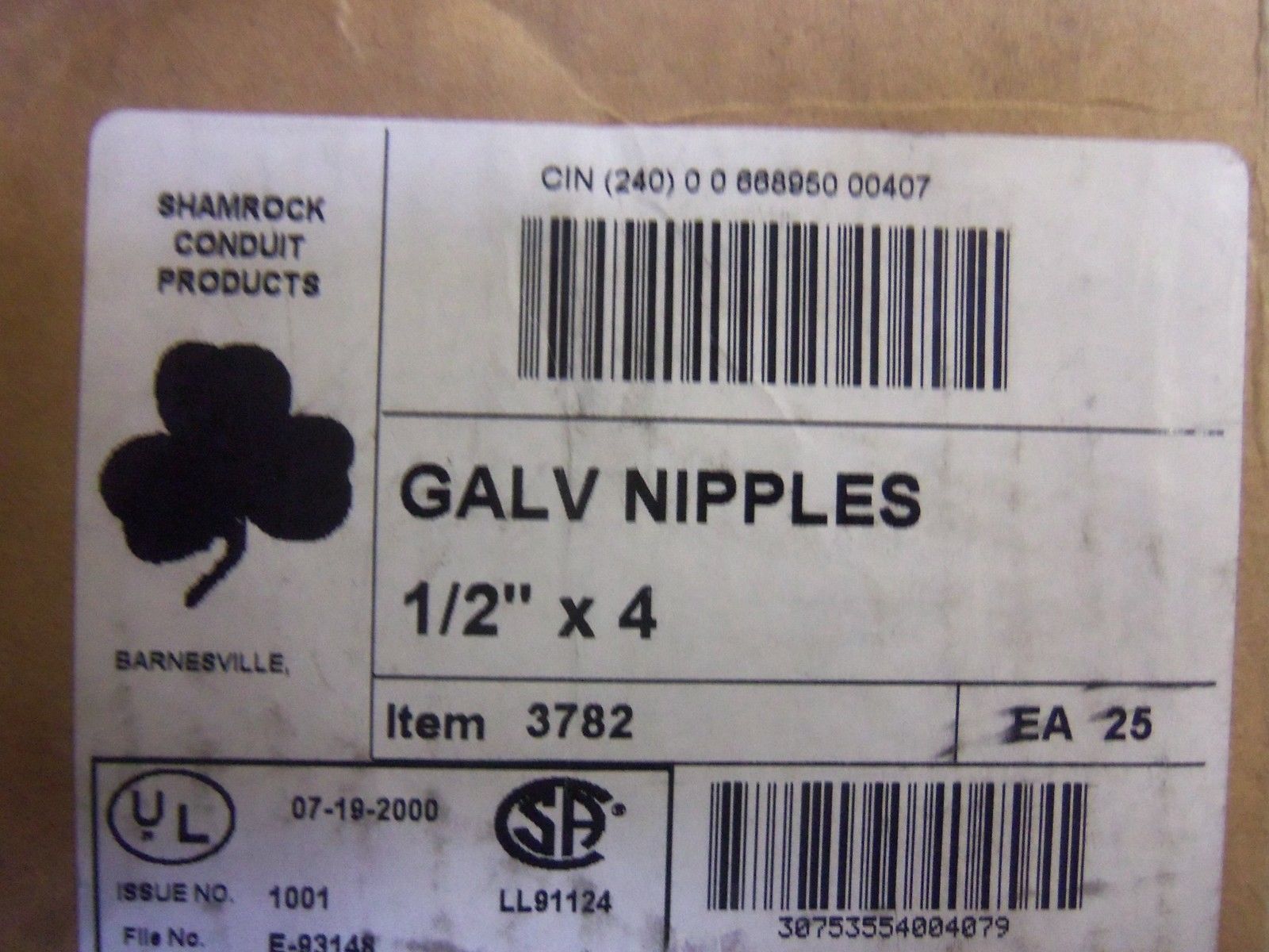 LOT OF 25 SHAMROCK 3782 1/2"x4 GALV NIPPLES NSMP
