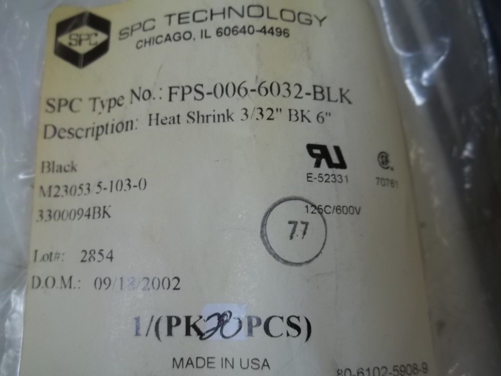 LOT OF 28 SPC TECHNOLOGY FPS-006-6032-BLK HEAT SHRINK 3/32" BLK 6"NSMP