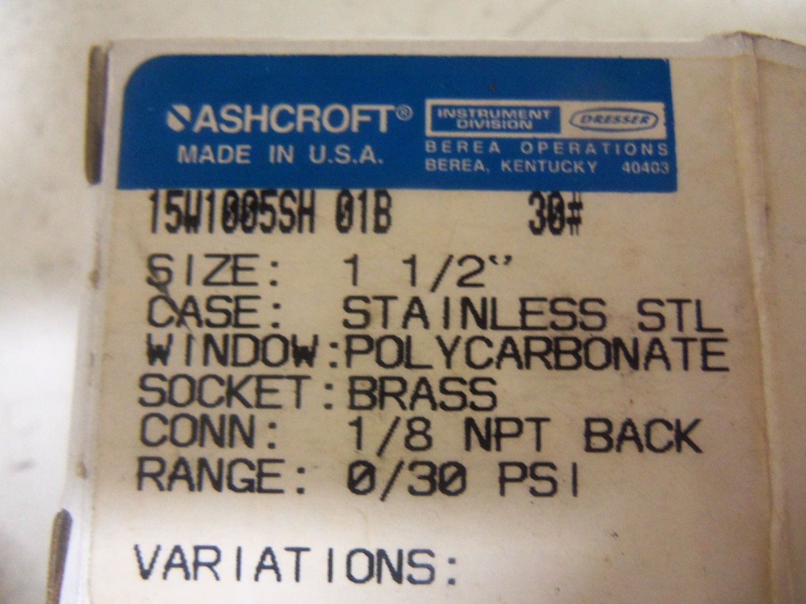 ASHCROFT 15W1005SH01B-30# PRESSURE GAUGE 0-30 PSI NSMP
