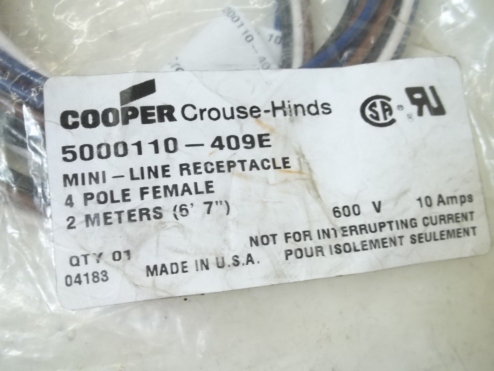 LOT OF 2 COOPER 5000110-409E MINI-LINE RECEPTACLE 4-P FEMALE 2M. NSMP