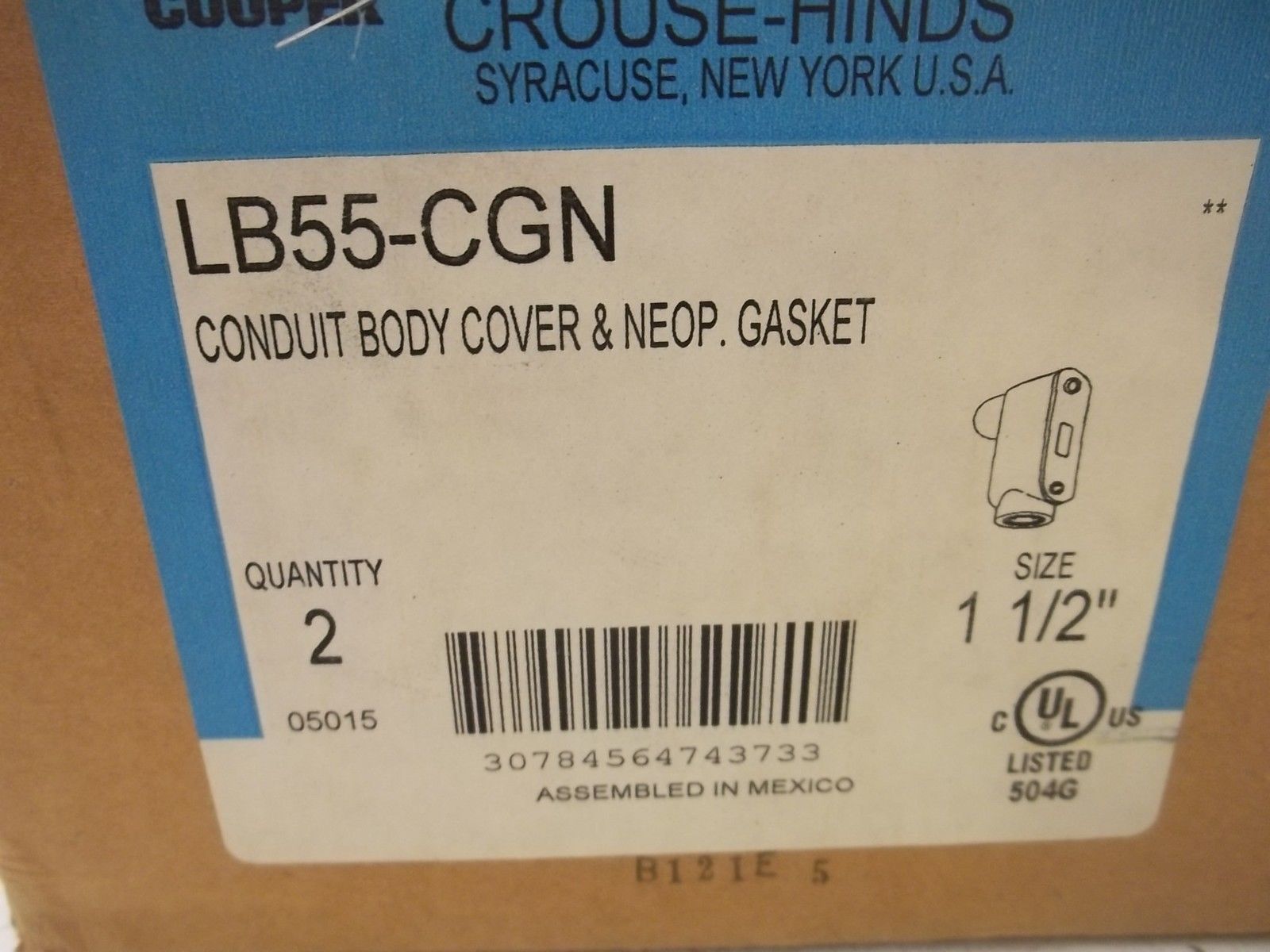 LOT OF 2 CROUSE-HINDS LB55-CGN CONDUIT BODY COVERS & NEOP. GASKET NSMP