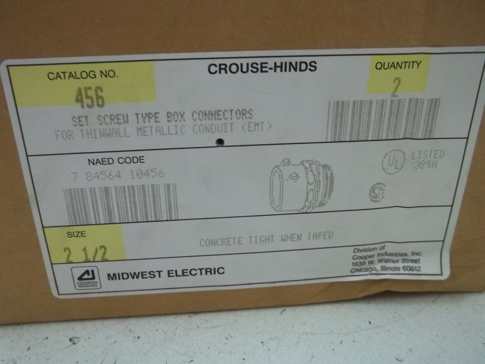 LOT OF 2 MIDWEST ELECTRIC 456 2-1/2" CONNECTORS NSMP