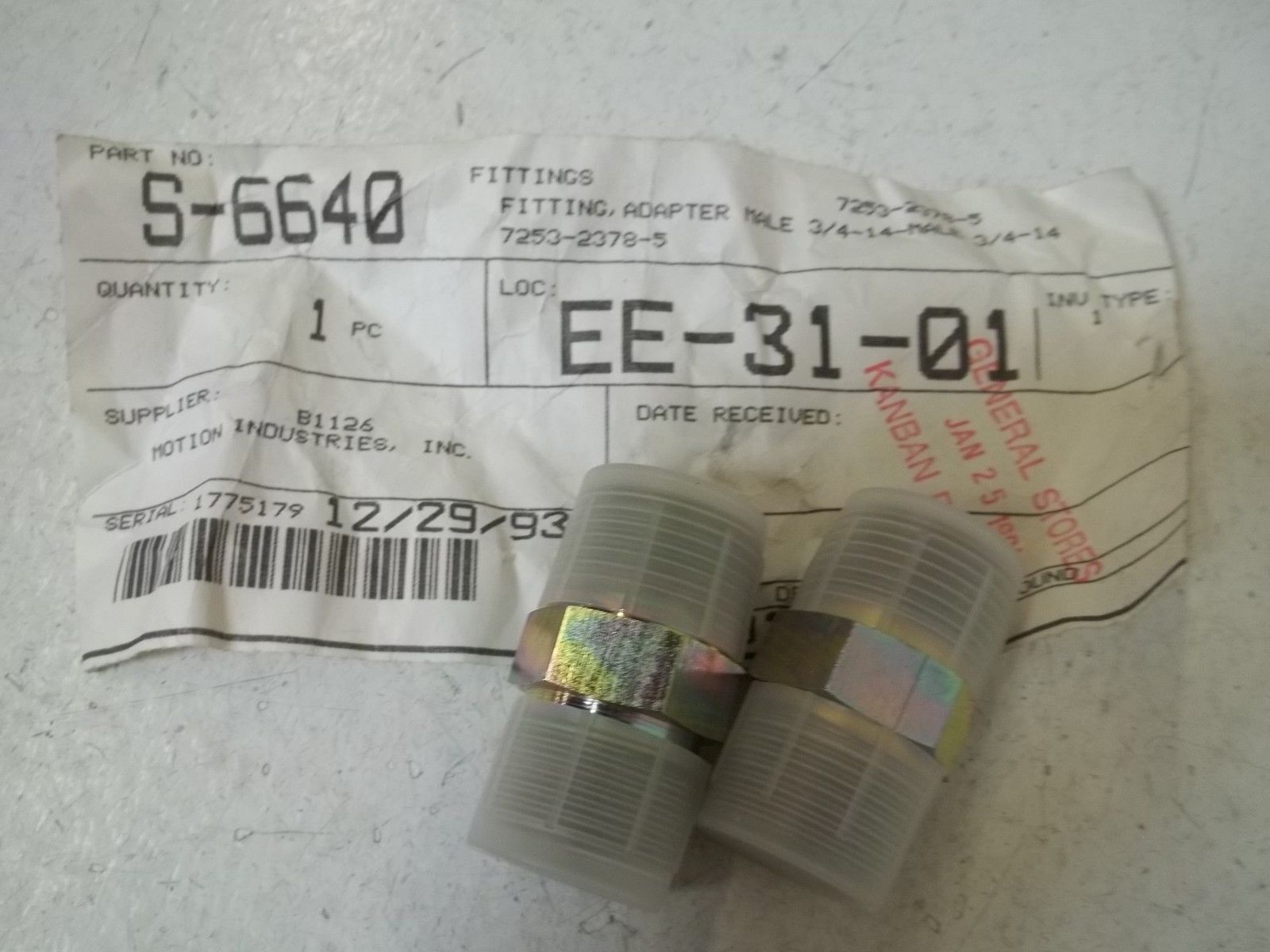 LOT OF 2 MOTION INDUSTRIES 7253-2378-5 FITTING, ADAPTER MALENSNP