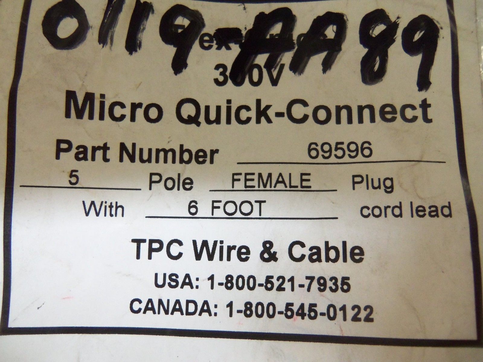 LOT OF 2 TPC WIRE & CABLE CONNECTOR 69596 6 FT UNMP