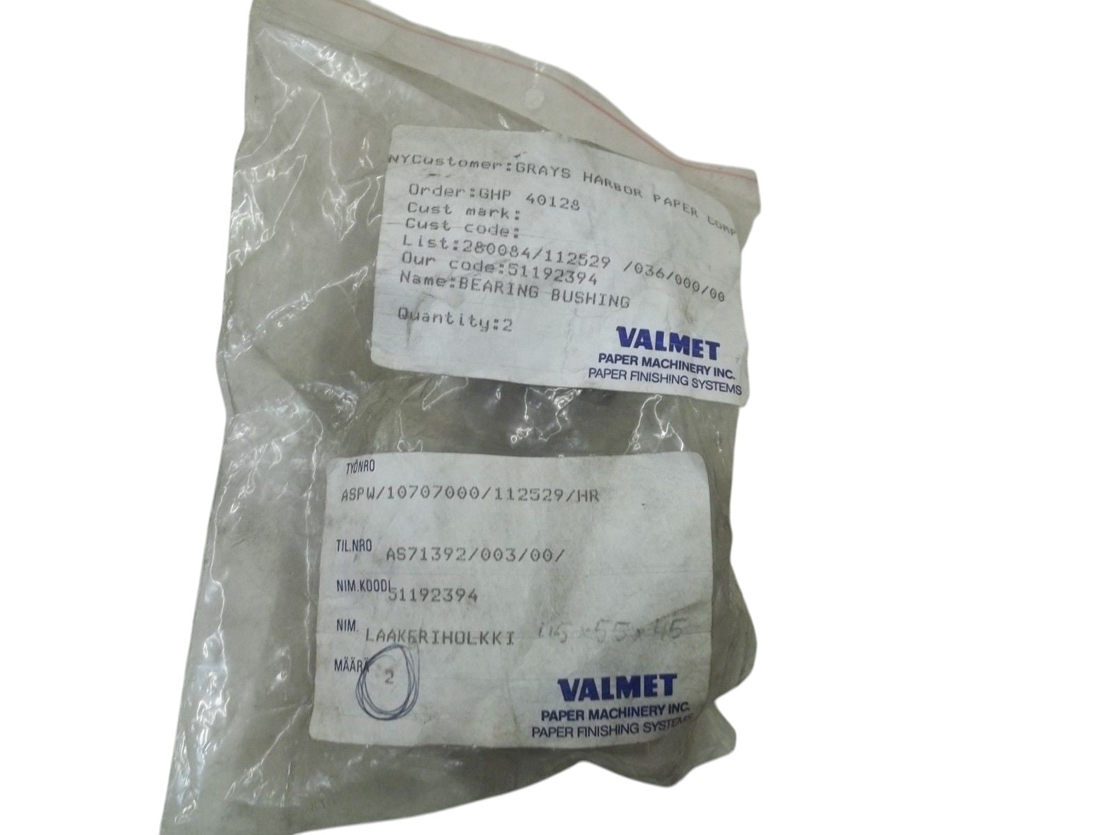 LOT OF 2 VALMET ASPW/10707000/112529/HR BUSHING NSNP