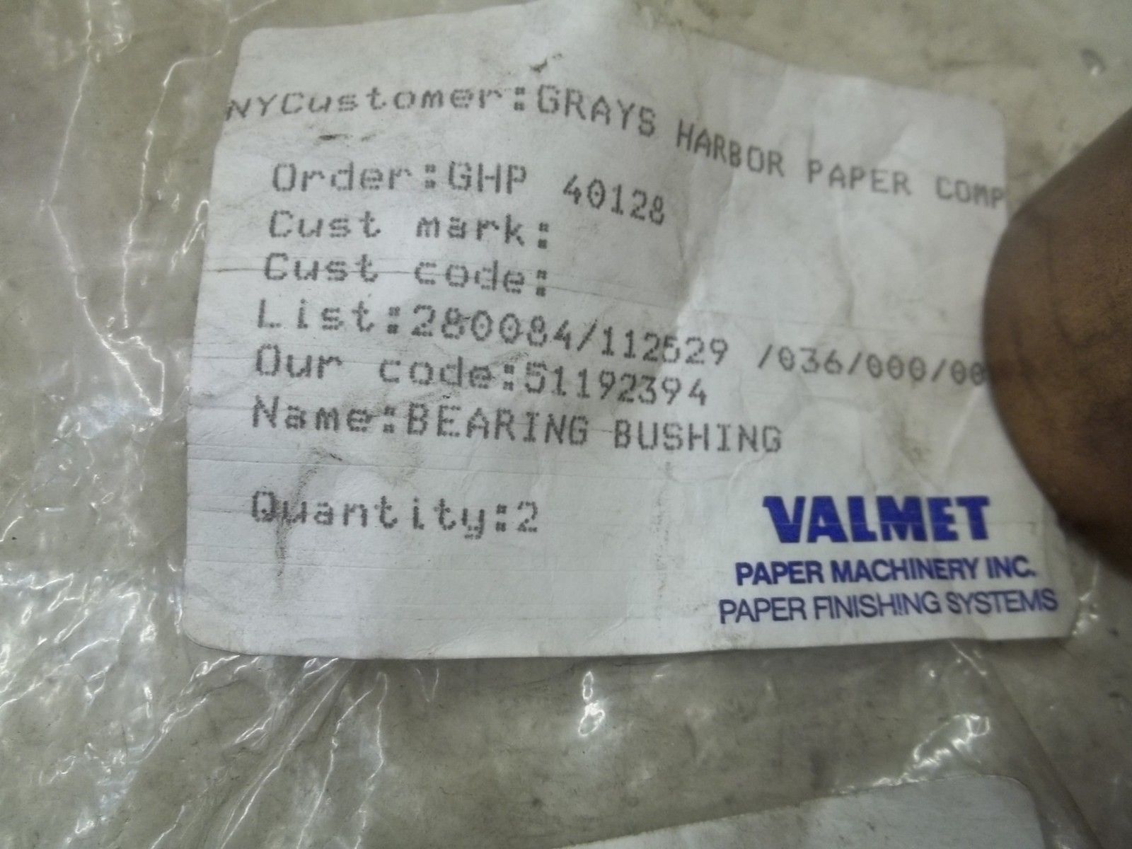 LOT OF 2 VALMET ASPW/10707000/112529/HR BUSHING NSNP