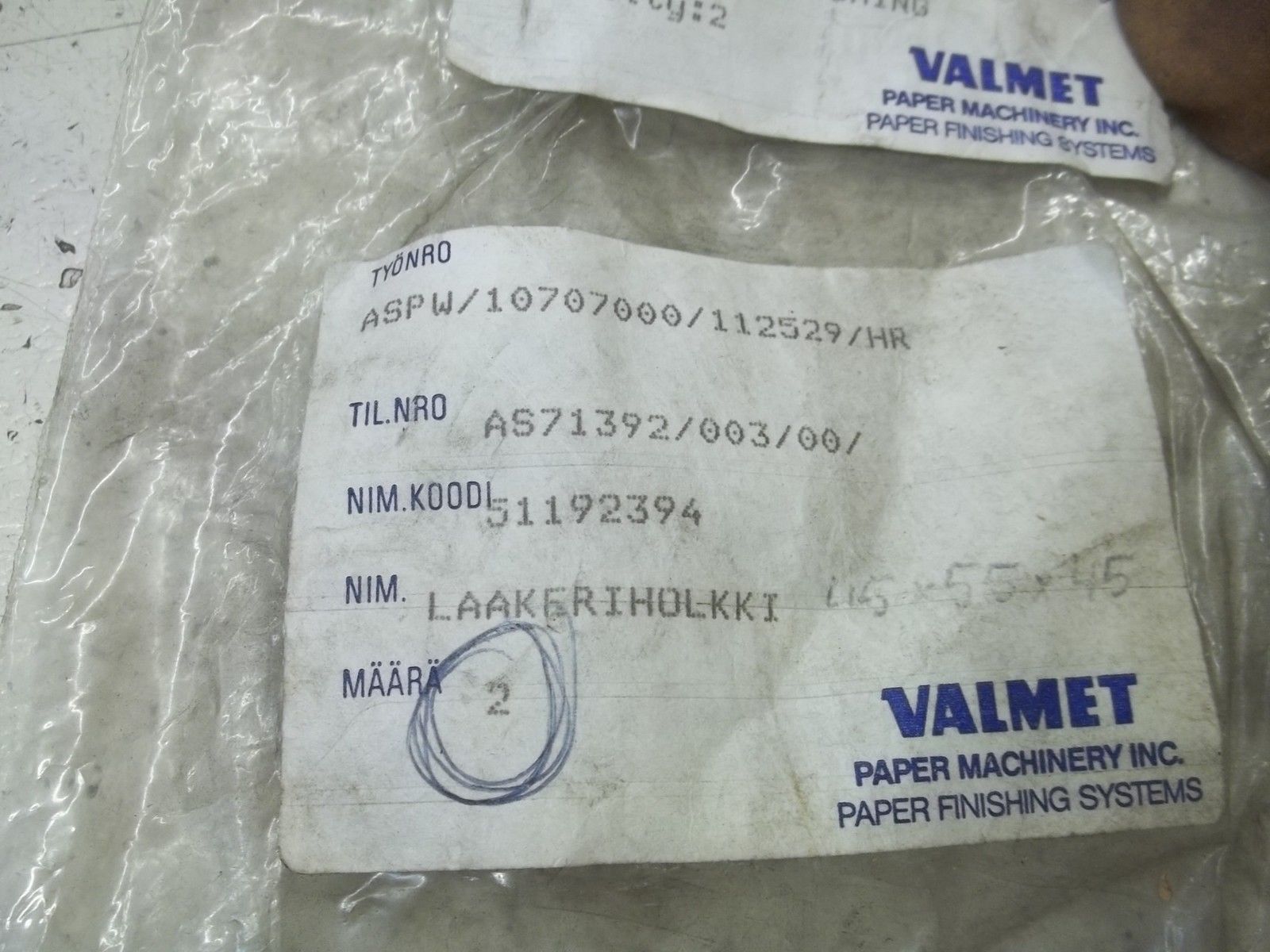 LOT OF 2 VALMET ASPW/10707000/112529/HR BUSHING NSNP