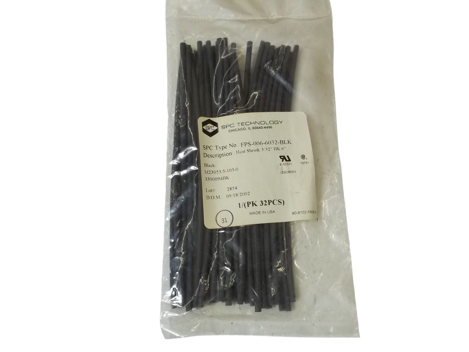 LOT OF 32 SPC TECHNOLOGY FPS-006-6032-BLK HEAT SHRINK 3/32" BK 6" NSMP
