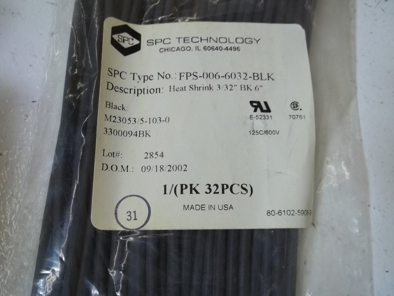 LOT OF 32 SPC TECHNOLOGY FPS-006-6032-BLK HEAT SHRINK 3/32" BK 6" NSMP