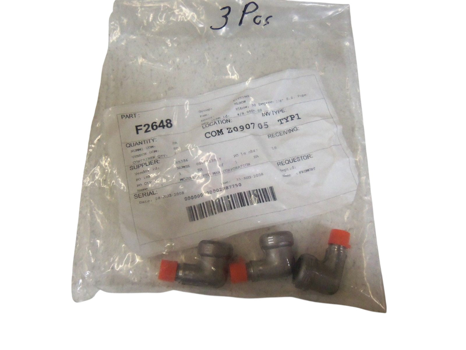 LOT OF 3 ELBOW, 90 DEGREE 1/8" S.S. 4/8-90ST-SS NSNP
