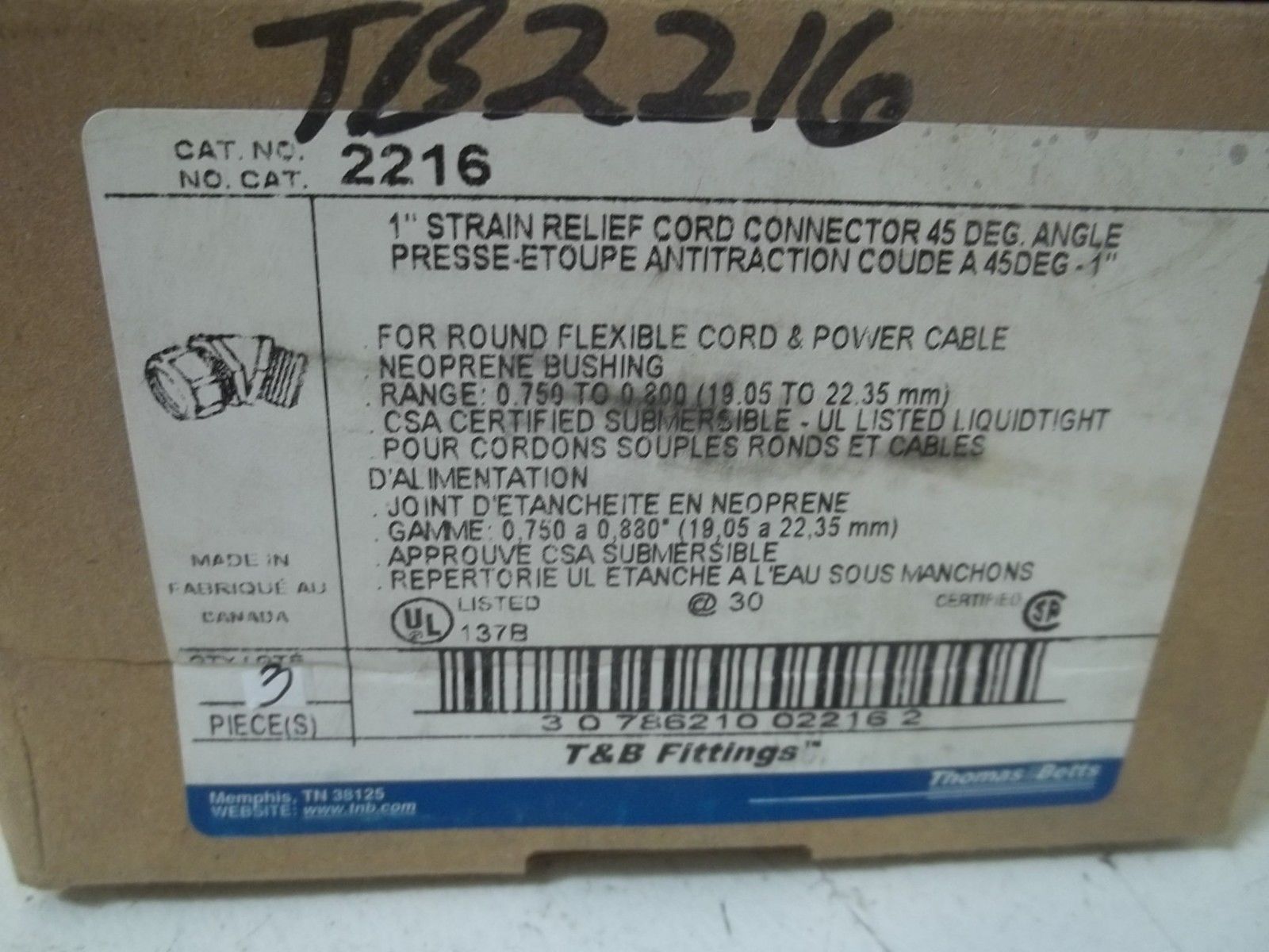 LOT OF 3 THOMAS & BETTS 2216 1"STRAIN RELIEF CORD CONN.45-DEG. ANGNSMP