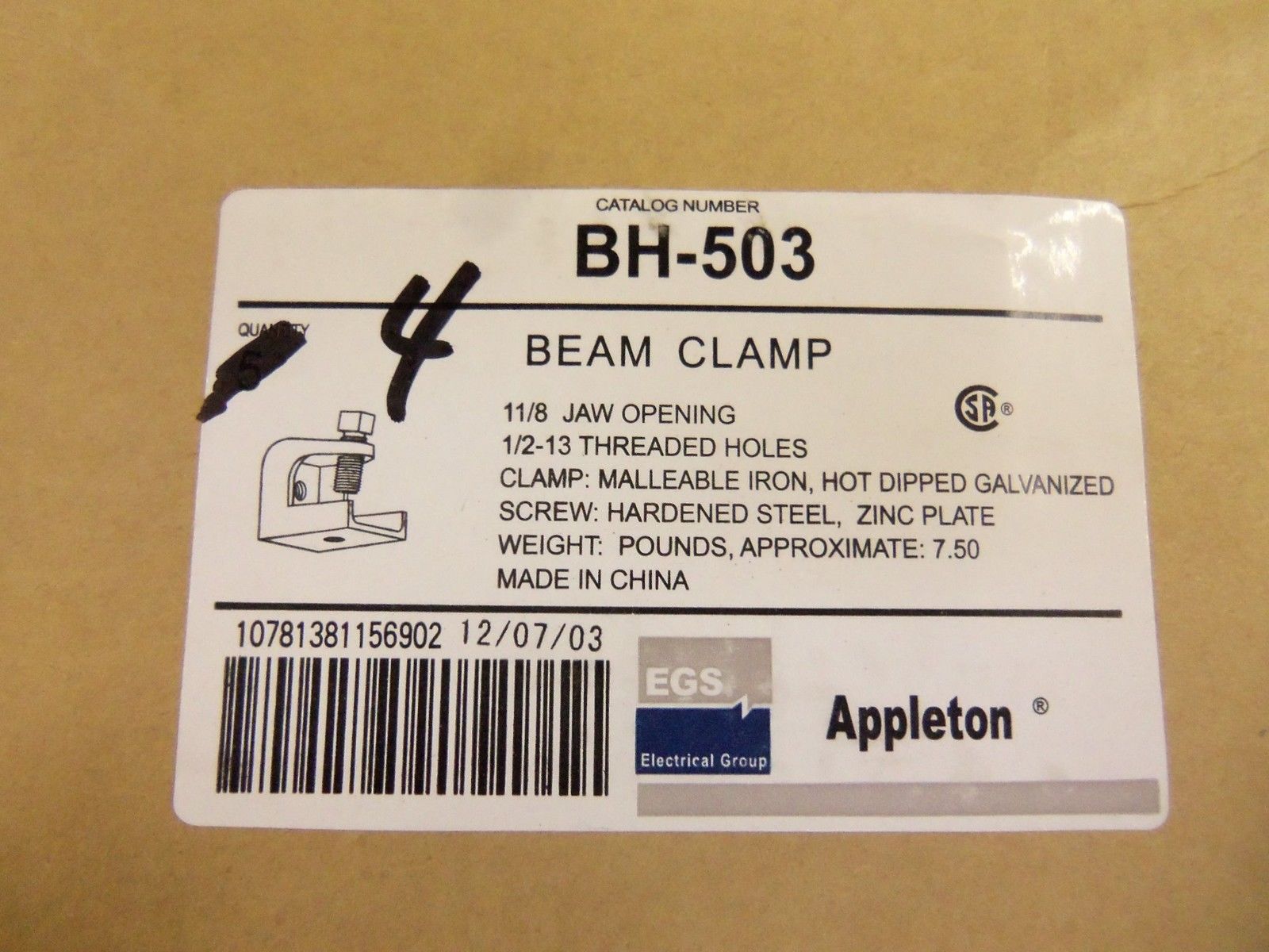 LOT OF 4 APPLETON BH-503 BEAM CLAMP NSMP