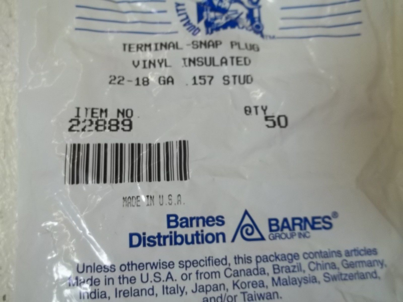 LOT OF 50 BARNER GROUP INC. 22-18 TERMINAL-SNAP PLUG NSMP