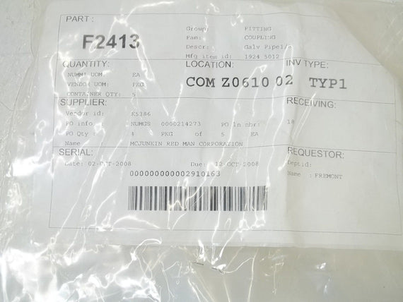 LOT OF 5 1924 5012 GALV PIPE 1/8" *NEW NO BOX*