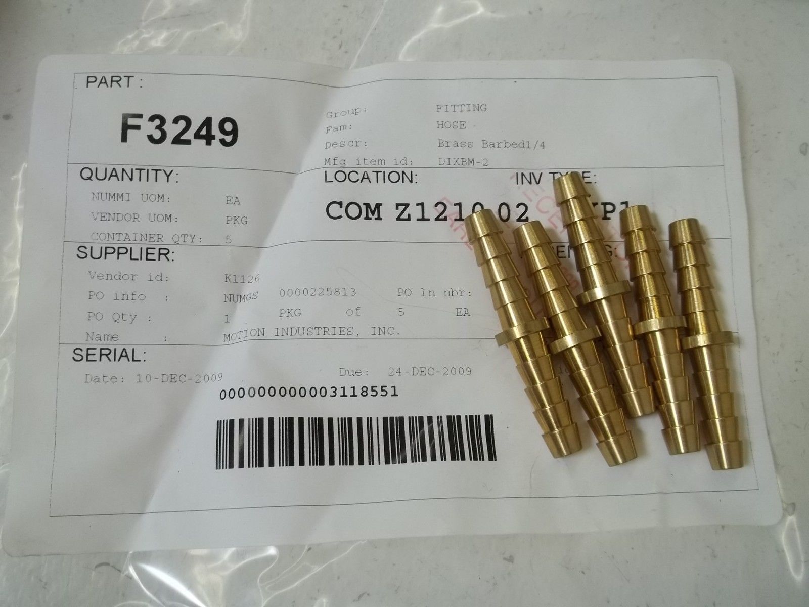 LOT OF 5 BRASS BARBED DIXBM-2 HOSE 1/4" NSNP