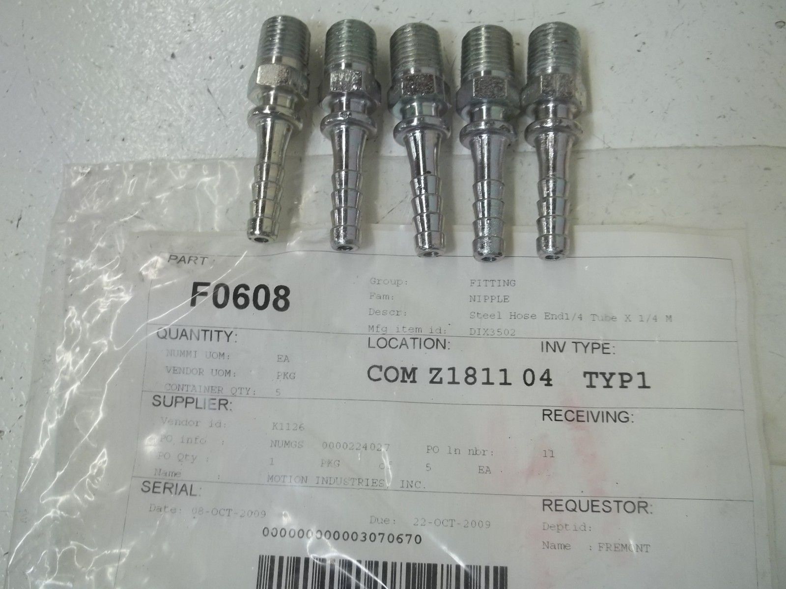 LOT OF 5 DIX3502 STEEL HOSE END 1/4 TUBE X 1/4 M *USED*