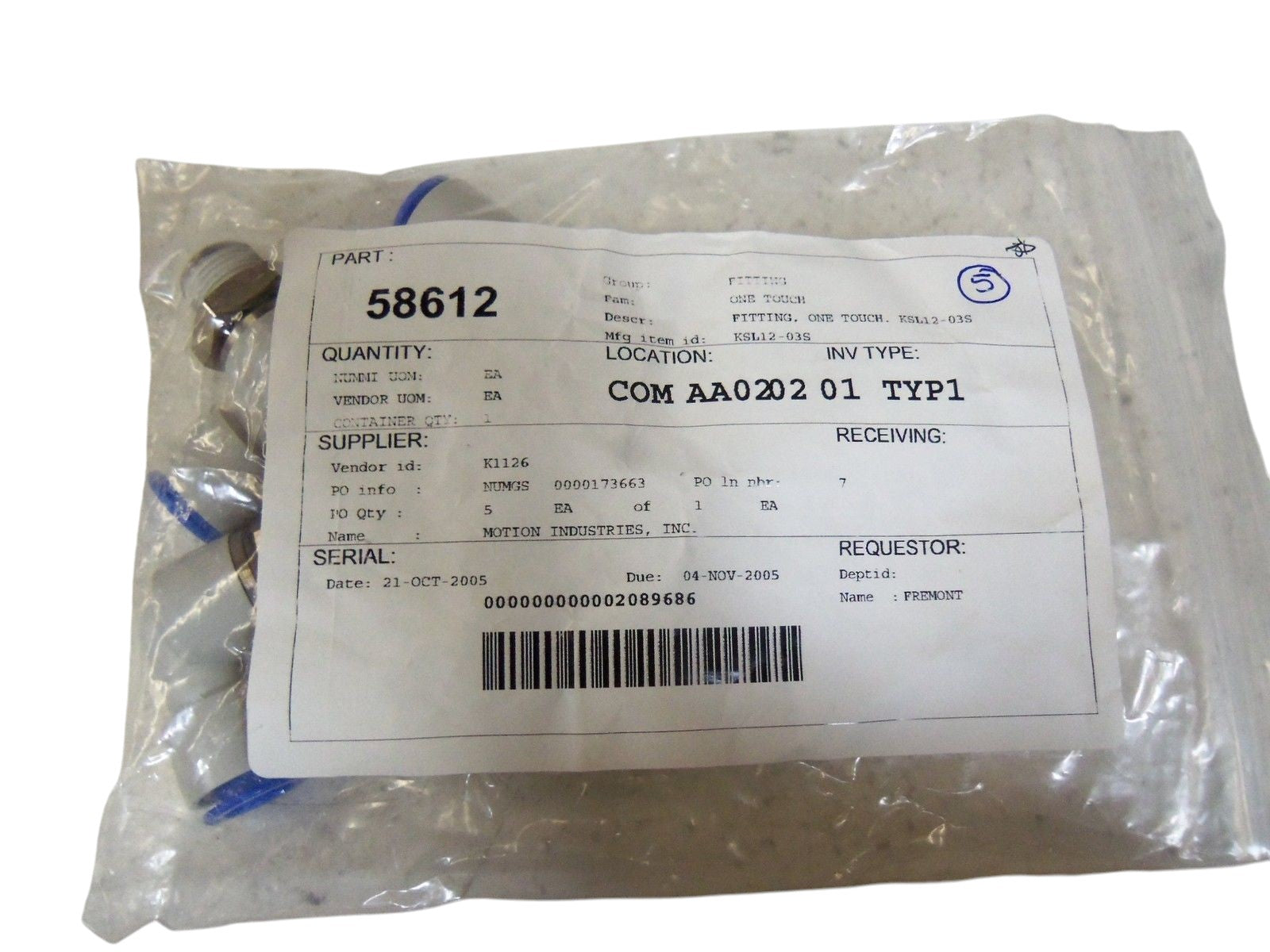 LOT OF 5 SMC FITTING KSL12-03S NSNP