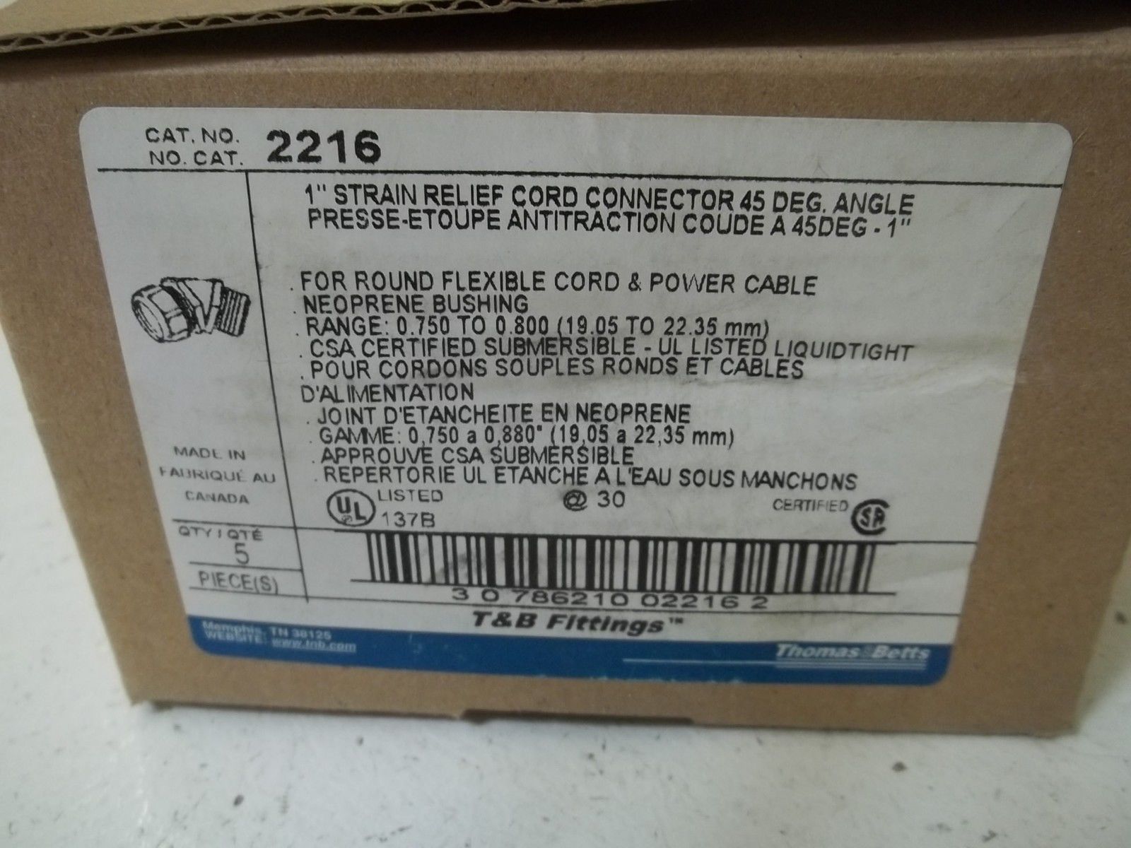 LOT OF 5 THOMAS & BETTS 2216 1"STRAIN RELIEF CORD CONN. 45-DEG. ANGNSMP