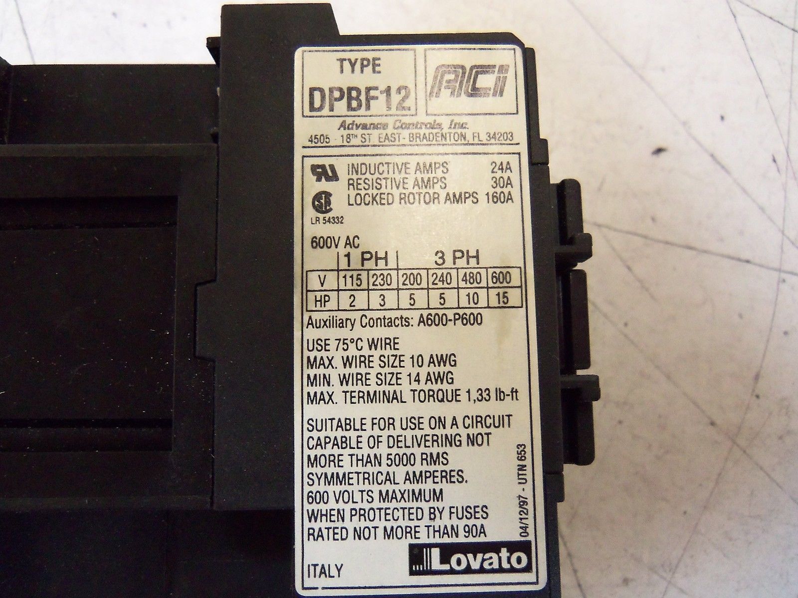 LOVATO CONTACTOR DPBF12.01-120 *USED*