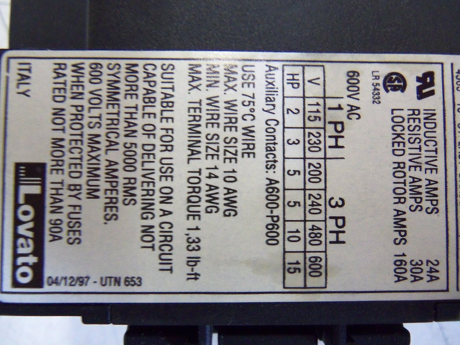 LOVATO CONTACTOR DPBF12.01-120 *USED*