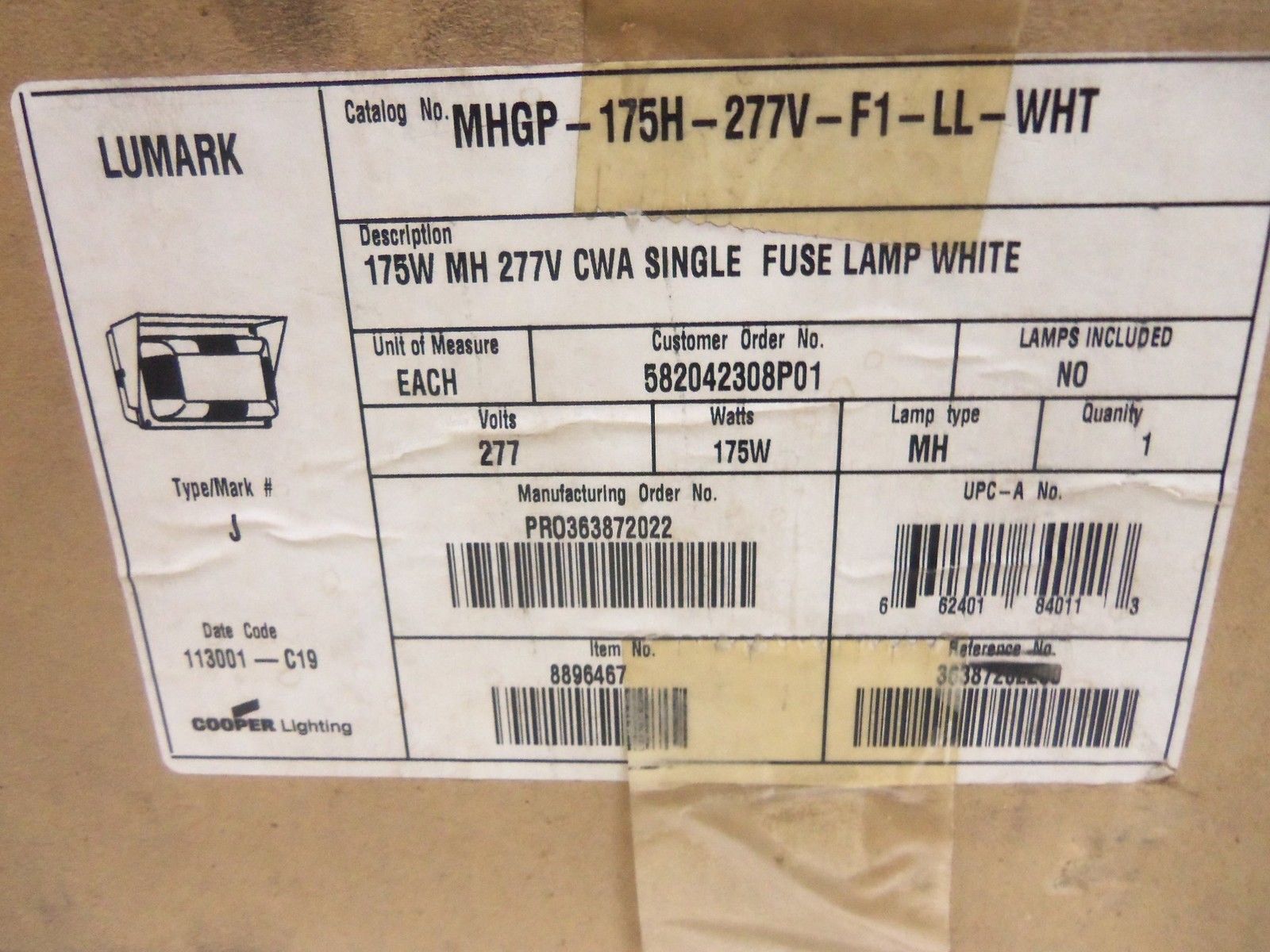 LUMARK MHGP-175H-277V-F1-LL-WHT SINGLE FUSE LAMP WHITE 277V 175W NSMP