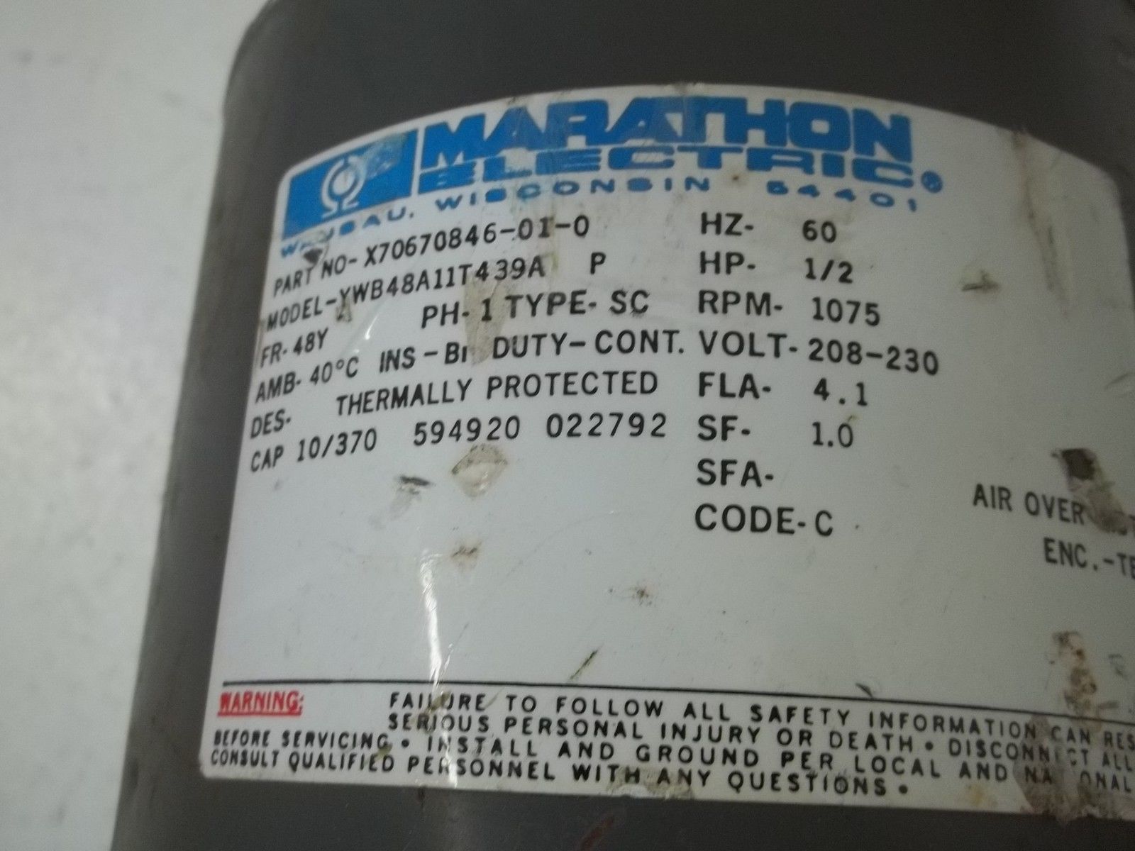 MARATHON ELECTRIC YWB48A11T439A MOTOR UNMP