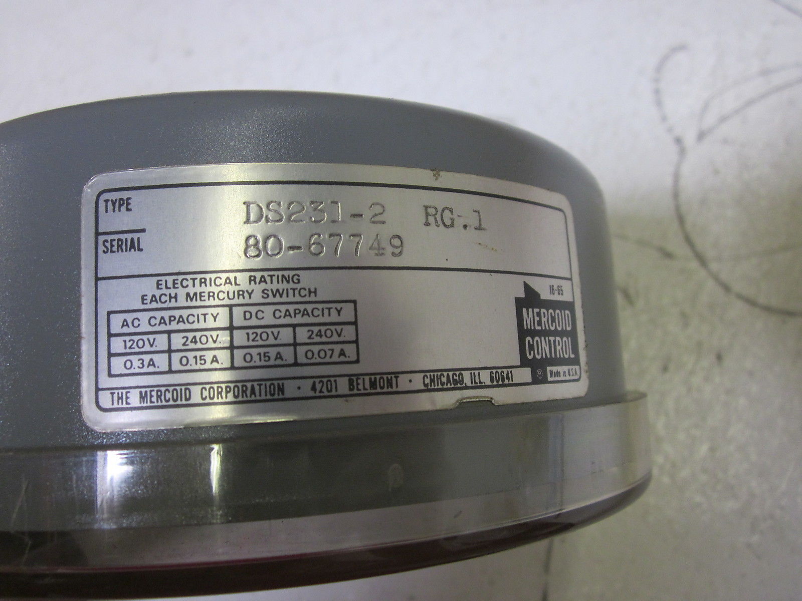 MERCOID CONTROL DS231-2 RG.1 PRESSURE SWITCH 0-15PSIG UNMP