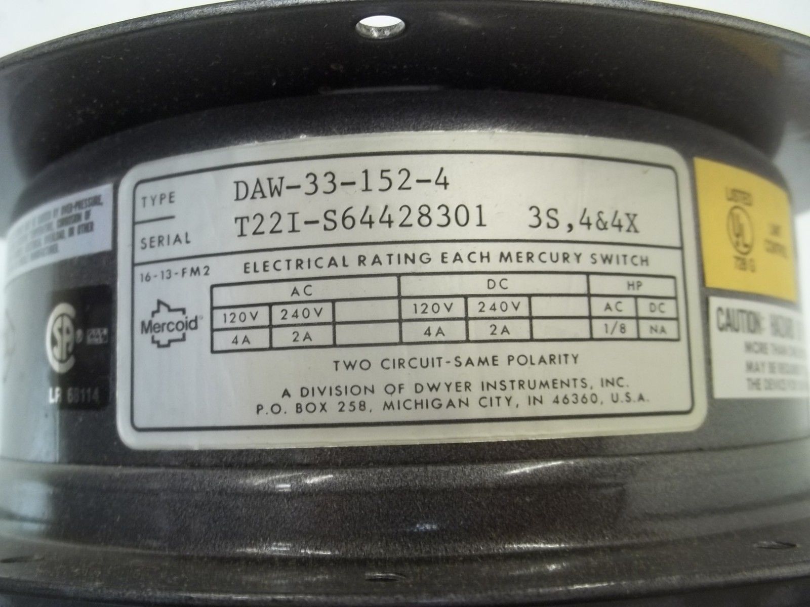 MERCOID DAW33-152-4 PRESSURE SWITCH NSMP
