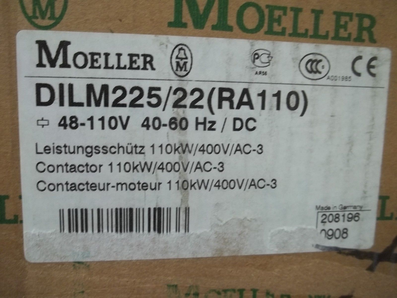 MOELLER DILM225/22 (RA110) CONTACTOR 110KW/400V/AC-3 NSMP