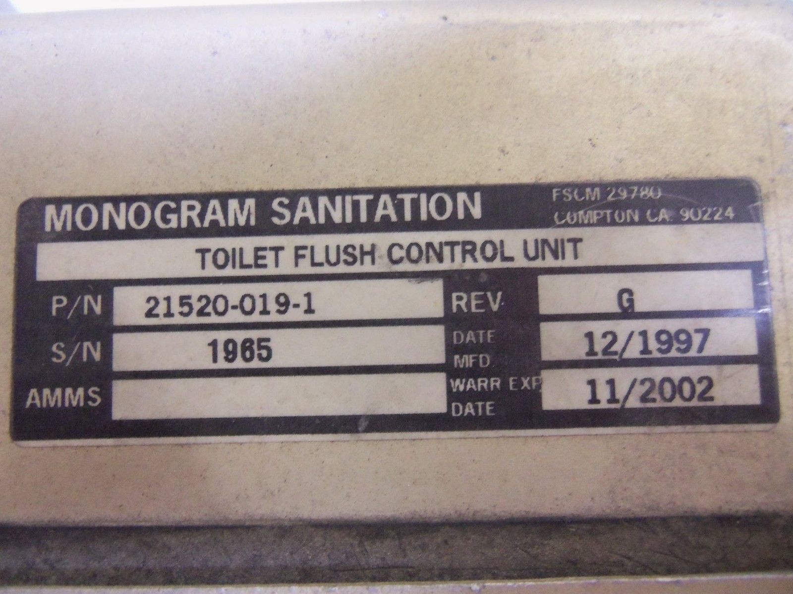 MONOGRAM 21520-026-1 FLUSH VALVE ASSEMBLY UNMP