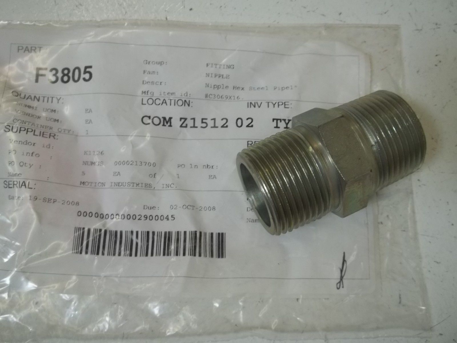 MOTION INDUSTRIES, INC. C3069X16 NIPPLE  HEX STEEL PIPE 1" NSNP